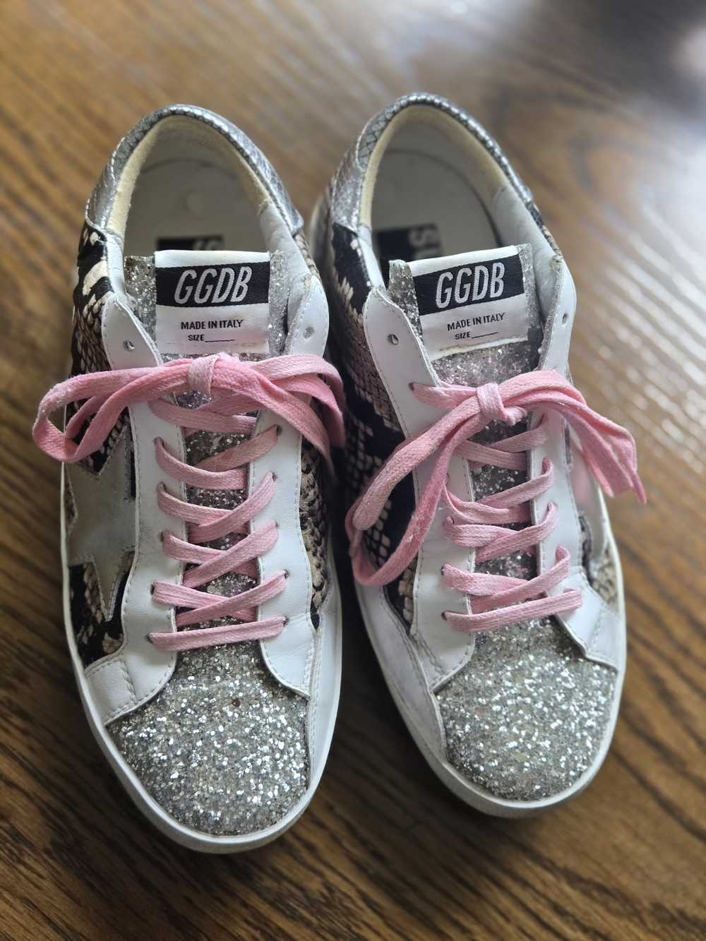 GGDB Golden Goose Silver Glitter & Snake Print Sneakers with Pink Laces